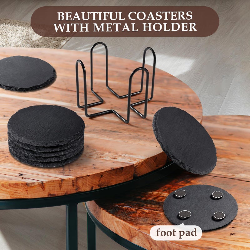 GOH DODD Slate Drink Coasters with Metal Holder, GOH DODD Set of 8 Black Coasters, 4 Inch Stone Coaster Set Tabletop Protection for Home Kitchen Apartment Bar Decor Housewarming Gifts Wedding Party, Round - Image 2